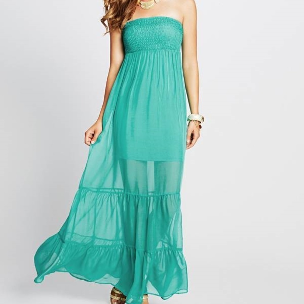 NEW GUESS Smocked Silk Maxi Dress SZ XS